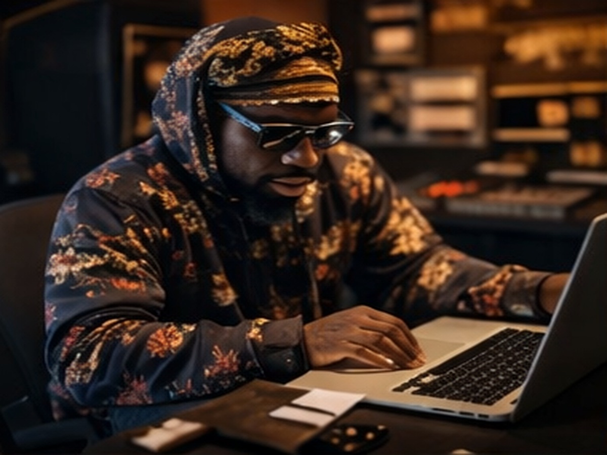 AI-assisted editorial image of Yasheen Vickers working on a laptop in a studio environment.
