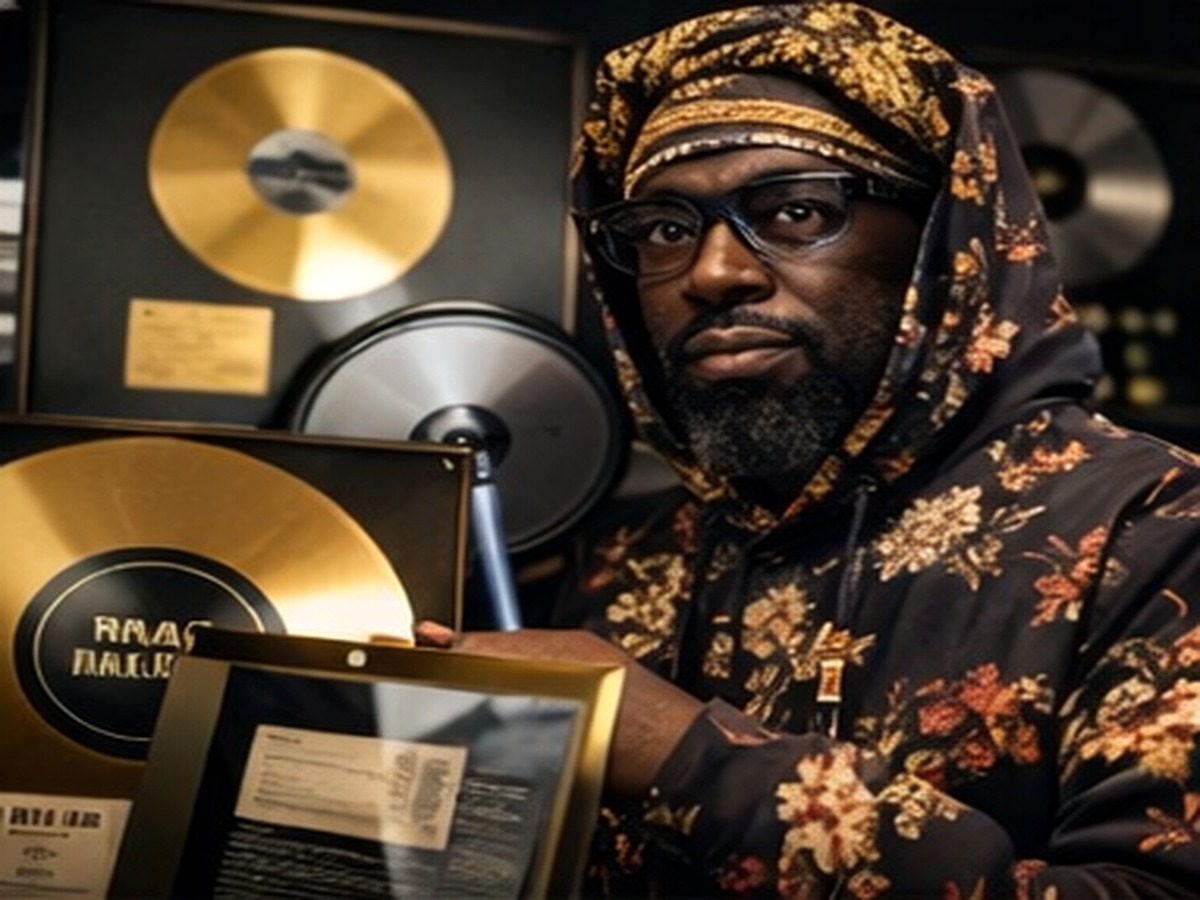 AI-assisted editorial image of Yasheen Vickers near records and plaques.